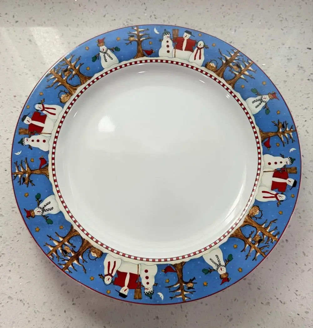 Debbie Mumm Sakura Snowman Dinner Plates 11” Set of 4 Christmas Stoneware